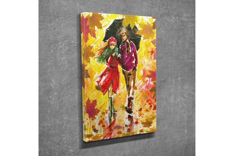 Lite lerretsbilde 30x40 cm - Par som går under en paraply i høstlandskapet - Gul / Rød / Grønn - Interiør - Maleri & posters - Lerretsbilder