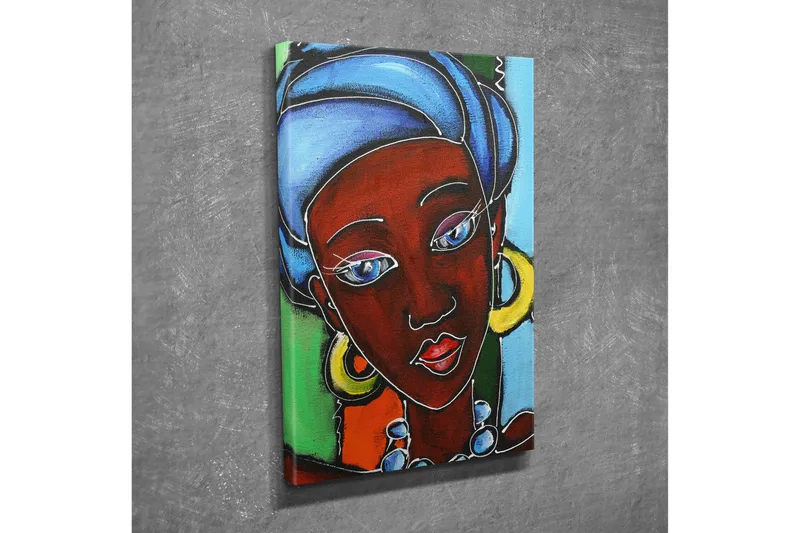 Lite lerretsbilde 30x40 cm - Portrett av en kvinne med fargerik hodepryd og smykker - Mørk rød / Blå / Grønn - Interiør - Maleri & posters - Lerretsbilder