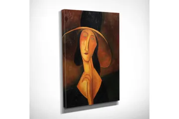 Lite lerretsbilde 30x40 cm - Portrett av en kvinne med stor hatt og et mystisk uttrykk - Svart / Oransje / Brun - Interiør - Maleri & posters - Lerretsbilder