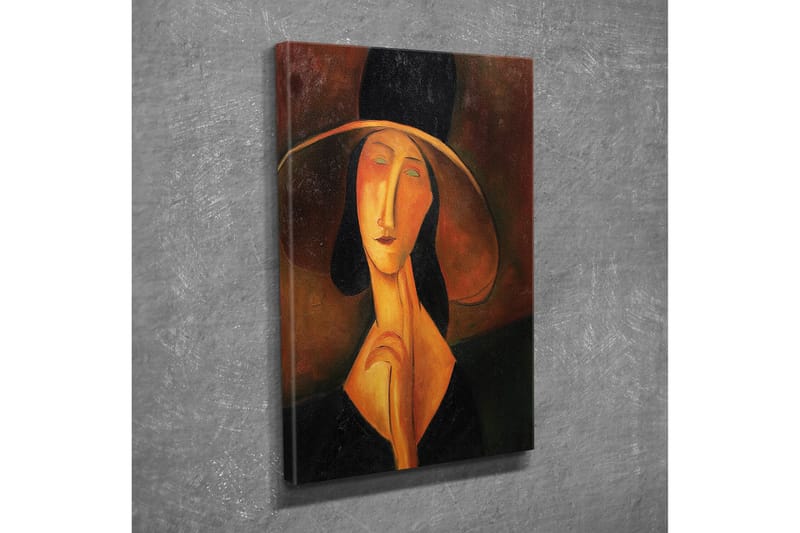 Lite lerretsbilde 30x40 cm - Portrett av en kvinne med stor hatt og et mystisk uttrykk - Svart / Oransje / Brun - Interiør - Maleri & posters - Lerretsbilder