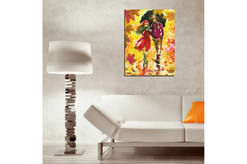 Lite lerretsbilde 30x40 cm - Par som går under en paraply i høstlandskapet - Gul / Rød / Grønn - Interiør - Maleri & posters - Lerretsbilder