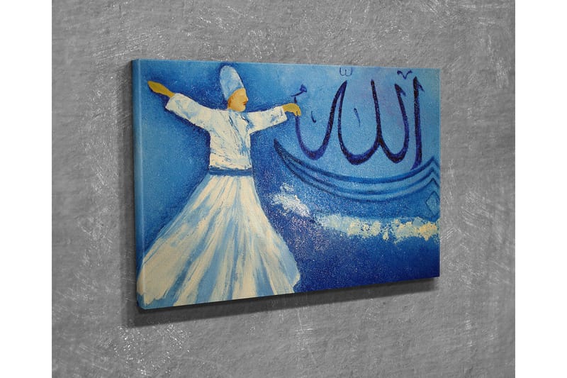 Lite lerretsbilde 40x30 cm - Dansende person i hvite klær mot blå bakgrunn med kalligrafiske elementer - Blå / Hvit / Beige - Interiør - Maleri & posters - Lerretsbilder