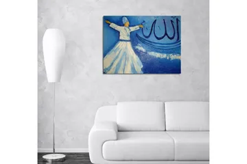 Lite lerretsbilde 40x30 cm - Dansende person i hvite klær mot blå bakgrunn med kalligrafiske elementer - Blå / Hvit / Beige - Interiør - Maleri & posters - Lerretsbilder
