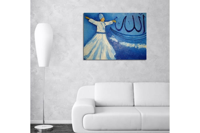 Lite lerretsbilde 40x30 cm - Dansende person i hvite klær mot blå bakgrunn med kalligrafiske elementer - Blå / Hvit / Beige - Interiør - Maleri & posters - Lerretsbilder