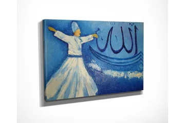 Lite lerretsbilde 40x30 cm - Dansende person i hvite klær mot blå bakgrunn med kalligrafiske elementer - Blå / Hvit / Beige - Interiør - Maleri & posters - Lerretsbilder