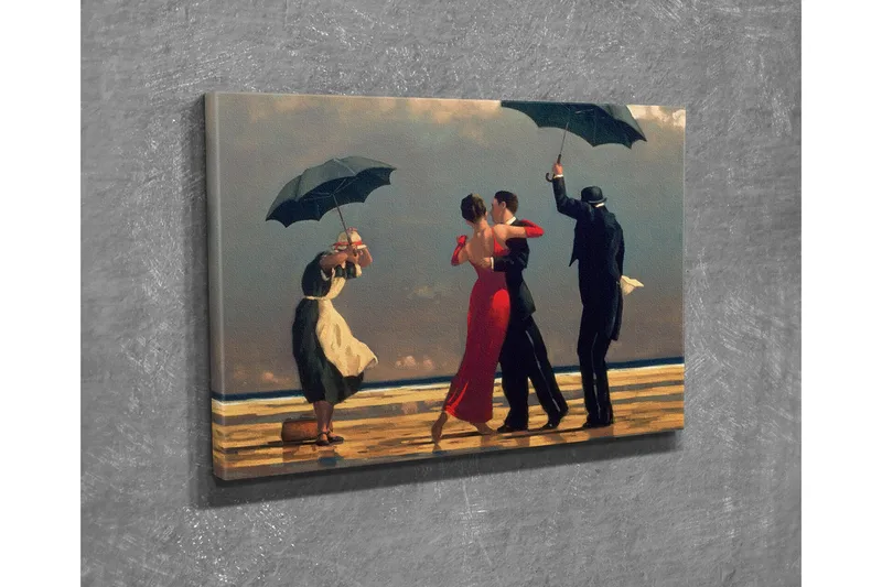 Lite lerretsbilde 40x30 cm - Dansende par under parasoller på en strand - Rød / Svart / Hvit - Interiør - Maleri & posters - Lerretsbilder