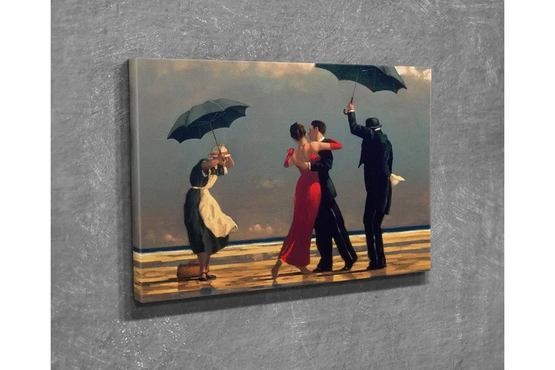 Lite lerretsbilde 40x30 cm - Dansende par under parasoller på en strand, Rød / Svart / Hvit