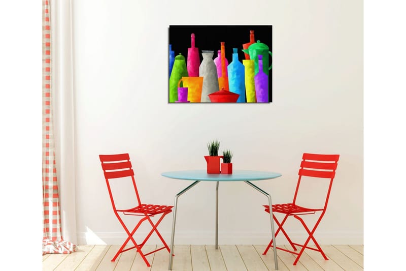 Lite lerretsbilde 40x30 cm - Fargerik samling av kjøkkenutstyr og flasker - Grønn / Rosa / Oransje - Interiør - Maleri & posters - Lerretsbilder