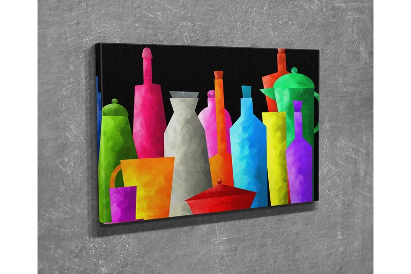 Lite lerretsbilde 40x30 cm - Fargerik samling av kjøkkenutstyr og flasker - Grønn / Rosa / Oransje - Interiør - Maleri & posters - Lerretsbilder