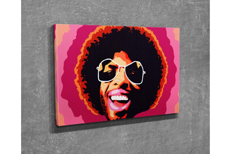 Lite lerretsbilde 40x30 cm - Glad smilende mann med afrofrisyre og store solbriller - Rosa / Svart / Oransje - Interiør - Maleri & posters - Lerretsbilder