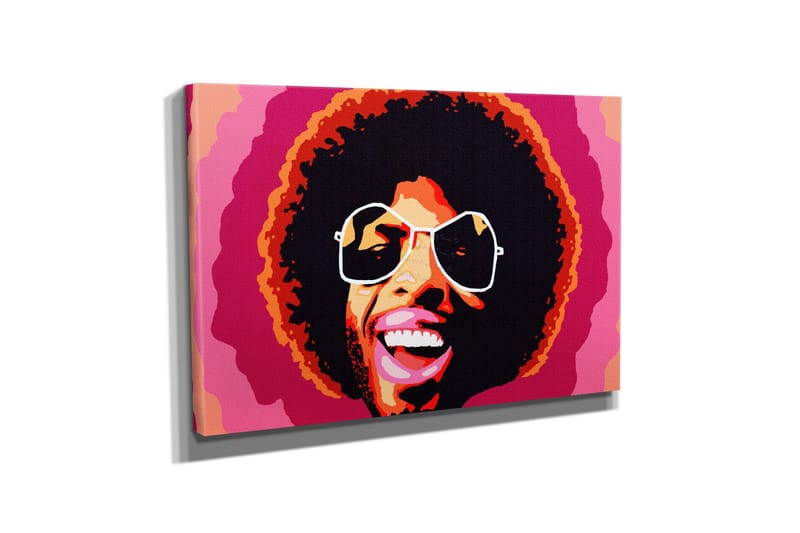 Lite lerretsbilde 40x30 cm - Glad smilende mann med afrofrisyre og store solbriller - Rosa / Svart / Oransje - Interiør - Maleri & posters - Lerretsbilder