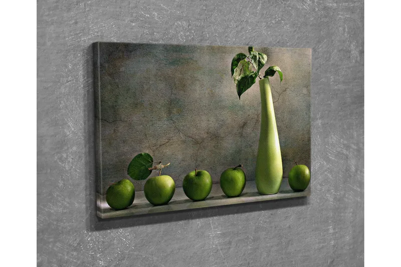 Lite lerretsbilde 40x30 cm - Grønn eplekurv med en stilig vase - Grønn / Lys grønn - Interiør - Maleri & posters - Lerretsbilder