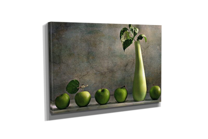 Lite lerretsbilde 40x30 cm - Grønn eplekurv med en stilig vase - Grønn / Lys grønn - Interiør - Maleri & posters - Lerretsbilder