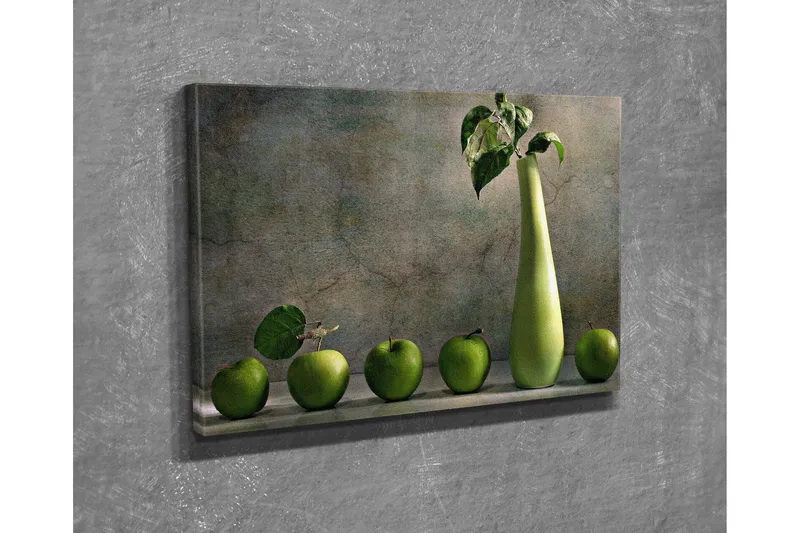 Lite lerretsbilde 40x30 cm - Grønn eplekurv med en stilig vase, Grønn / Lys grønn