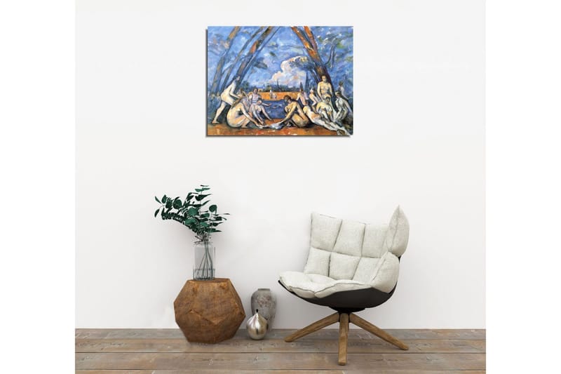 Lite lerretsbilde 40x30 cm - Gruppe nakne mennesker ved vannkanten omgitt av trær - Blå / Hudtone / Oransje - Interiør - Maleri & posters - Lerretsbilder