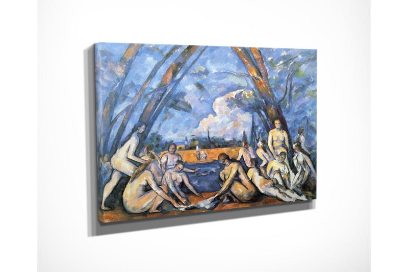 Lite lerretsbilde 40x30 cm - Gruppe nakne mennesker ved vannkanten omgitt av trær - Blå / Hudtone / Oransje - Interiør - Maleri & posters - Lerretsbilder