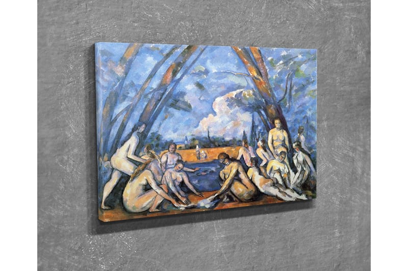 Lite lerretsbilde 40x30 cm - Gruppe nakne mennesker ved vannkanten omgitt av trær - Blå / Hudtone / Oransje - Interiør - Maleri & posters - Lerretsbilder