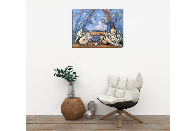 Lite lerretsbilde 40x30 cm - Gruppe nakne mennesker ved vannkanten omgitt av trær - Blå / Hudtone / Oransje - Interiør - Maleri & posters - Lerretsbilder