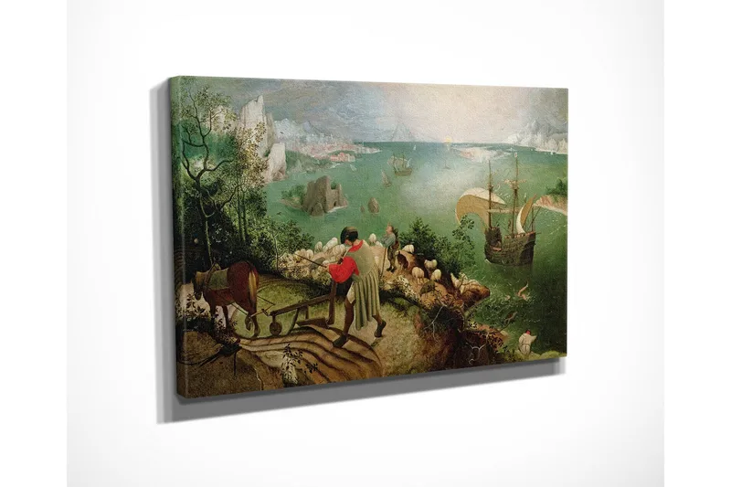 Lite lerretsbilde 40x30 cm - Landskap med bønder og seilskuter på kysten - Grønn / Blå / Brun - Interiør - Maleri & posters - Lerretsbilder