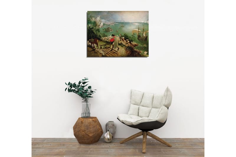 Lite lerretsbilde 40x30 cm - Landskap med bønder og seilskuter på kysten - Grønn / Blå / Brun - Interiør - Maleri & posters - Lerretsbilder