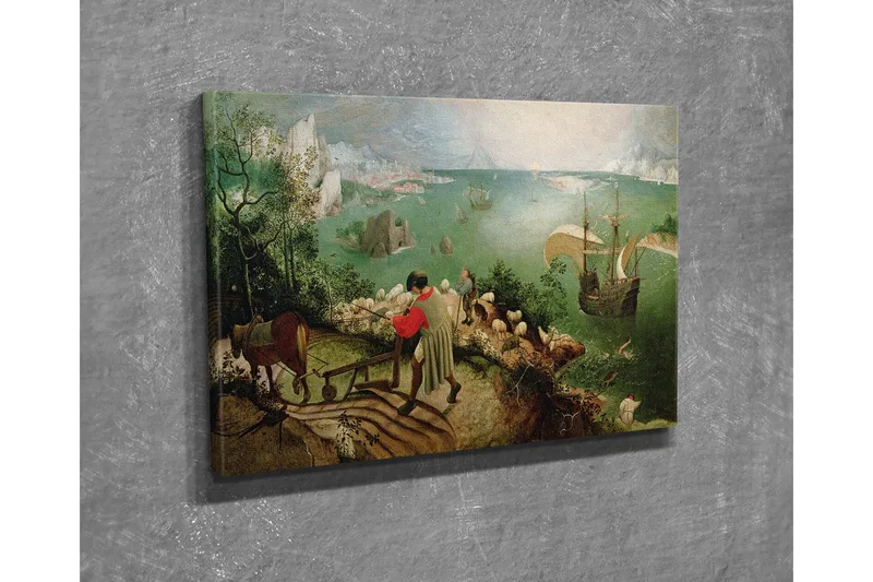 Lite lerretsbilde 40x30 cm - Landskap med bønder og seilskuter på kysten - Grønn / Blå / Brun - Interiør - Maleri & posters - Lerretsbilder