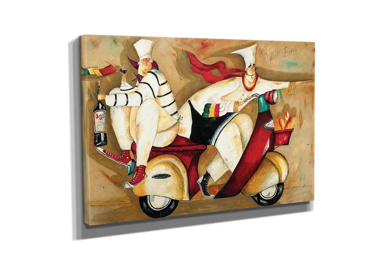 Lite lerretsbilde 40x30 cm - Leken scene med to kokker på en scooter - Rød / Beige / Svart - Interiør - Maleri & posters - Lerretsbilder