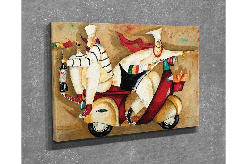 Lite lerretsbilde 40x30 cm - Leken scene med to kokker på en scooter - Rød / Beige / Svart - Interiør - Maleri & posters - Lerretsbilder