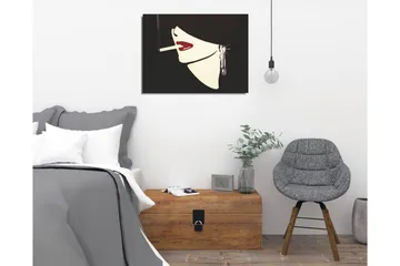 Lite lerretsbilde 40x30 cm - Stilisert kvinneansikt med sigarett og rød leppestift - Svart / Hvit / Rød - Interiør - Maleri & posters - Lerretsbilder