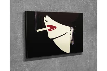 Lite lerretsbilde 40x30 cm - Stilisert kvinneansikt med sigarett og rød leppestift - Svart / Hvit / Rød - Interiør - Maleri & posters - Lerretsbilder