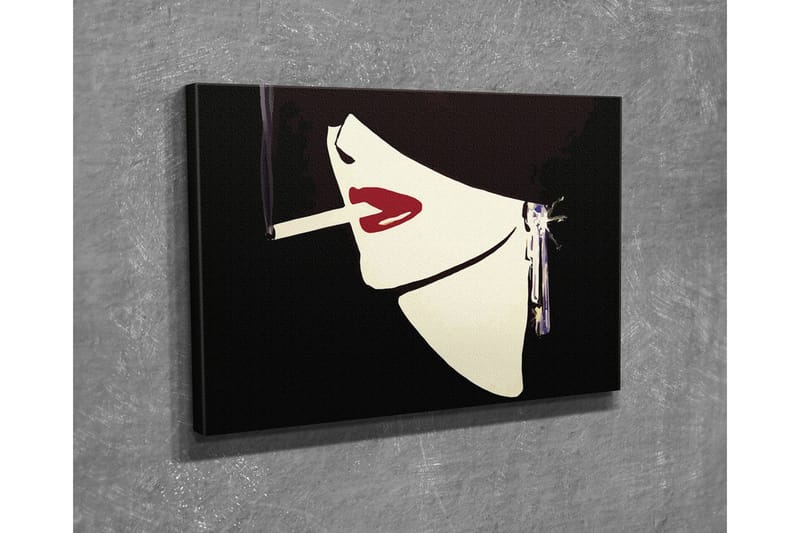 Lite lerretsbilde 40x30 cm - Stilisert kvinneansikt med sigarett og rød leppestift - Svart / Hvit / Rød - Interiør - Maleri & posters - Lerretsbilder