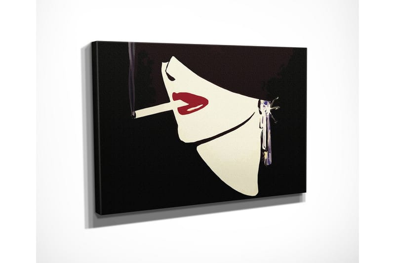 Lite lerretsbilde 40x30 cm - Stilisert kvinneansikt med sigarett og rød leppestift - Svart / Hvit / Rød - Interiør - Maleri & posters - Lerretsbilder