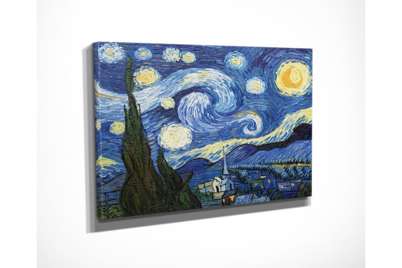 Lite lerretsbilde 40x30 cm - Stjerneklar natt med virvlende skyer og en landsby i forgrunnen - Mørk blå / Gul / Grønn - Interiør - Maleri & posters - Lerretsbilder