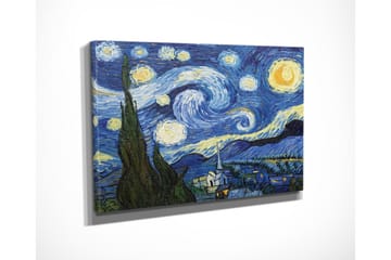 Lite lerretsbilde 40x30 cm - Stjerneklar natt med virvlende skyer og en landsby i forgrunnen - Mørk blå / Gul / Grønn - Interiør - Maleri & posters - Lerretsbilder