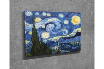 Lite lerretsbilde 40x30 cm - Stjerneklar natt med virvlende skyer og en landsby i forgrunnen - Mørk blå / Gul / Grønn - Interiør - Maleri & posters - Lerretsbilder