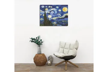 Lite lerretsbilde 40x30 cm - Stjerneklar natt med virvlende skyer og en landsby i forgrunnen - Mørk blå / Gul / Grønn - Interiør - Maleri & posters - Lerretsbilder