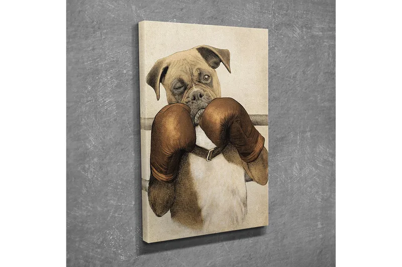 Liten lerretsbilde 30x40 cm - Boksehund med hansker - Brun / Beige / Hvit - Interiør - Maleri & posters - Lerretsbilder