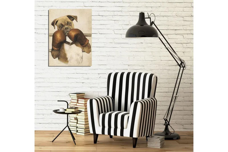 Liten lerretsbilde 30x40 cm - Boksehund med hansker - Brun / Beige / Hvit - Interiør - Maleri & posters - Lerretsbilder