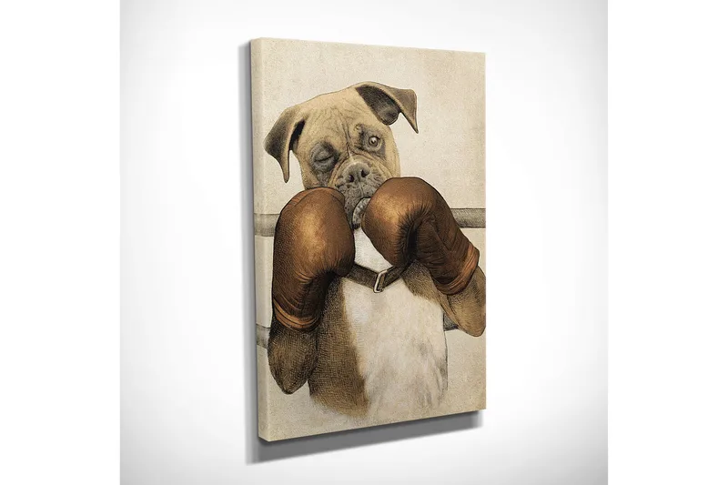 Liten lerretsbilde 30x40 cm - Boksehund med hansker - Brun / Beige / Hvit - Interiør - Maleri & posters - Lerretsbilder