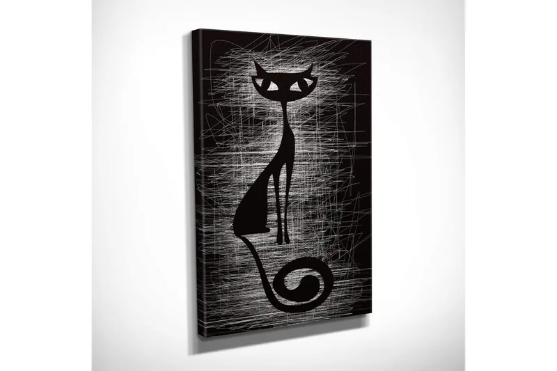 Liten lerretsbilde 30x40 cm - Silhuett av en katt med stiliserte linjer - Svart / Hvit - Interiør - Maleri & posters - Lerretsbilder