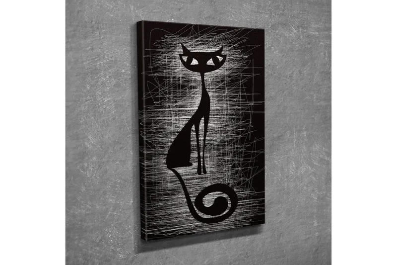 Liten lerretsbilde 30x40 cm - Silhuett av en katt med stiliserte linjer - Svart / Hvit - Interiør - Maleri & posters - Lerretsbilder