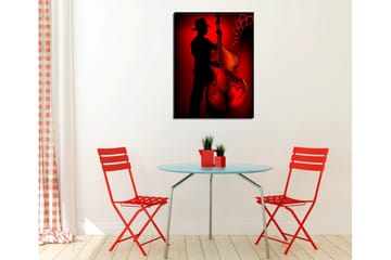 Liten lerretsbilde 30x40 cm - Silhuett av en musiker som spiller kontrabass med hjerteformede detaljer - Rød / Svart - Interiør - Maleri & posters - Lerretsbilder