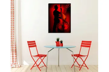 Liten lerretsbilde 30x40 cm - Silhuett av en musiker som spiller kontrabass med hjerteformede detaljer - Rød / Svart - Interiør - Maleri & posters - Lerretsbilder