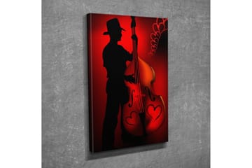 Liten lerretsbilde 30x40 cm - Silhuett av en musiker som spiller kontrabass med hjerteformede detaljer - Rød / Svart - Interiør - Maleri & posters - Lerretsbilder