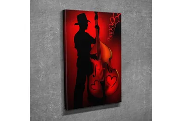 Liten lerretsbilde 30x40 cm - Silhuett av en musiker som spiller kontrabass med hjerteformede detaljer - Rød / Svart - Interiør - Maleri & posters - Lerretsbilder
