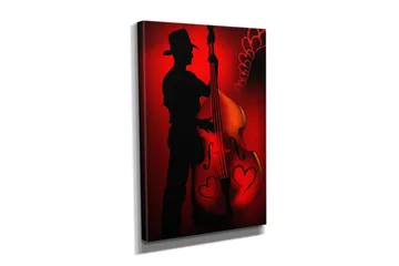 Liten lerretsbilde 30x40 cm - Silhuett av en musiker som spiller kontrabass med hjerteformede detaljer - Rød / Svart - Interiør - Maleri & posters - Lerretsbilder