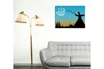 Liten lerretsbilde 40x30 cm - Silhuett av en dansende dervisj med fugler i flukt mot en fargerik himmel - Turkis / Svart / Oransje - Interiør - Maleri & posters - Lerretsbilder