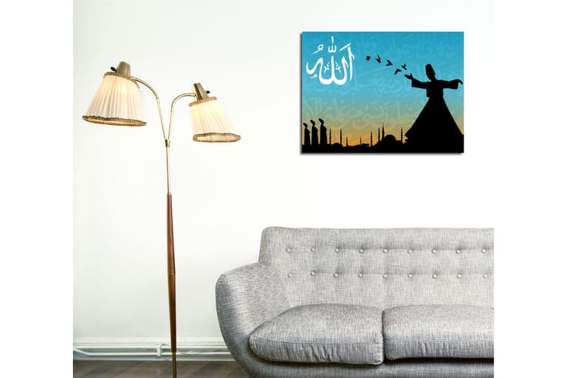 Liten lerretsbilde 40x30 cm - Silhuett av en dansende dervisj med fugler i flukt mot en fargerik himmel - Turkis / Svart / Oransje - Interiør - Maleri & posters - Lerretsbilder