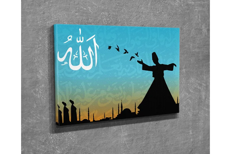 Liten lerretsbilde 40x30 cm - Silhuett av en dansende dervisj med fugler i flukt mot en fargerik himmel - Turkis / Svart / Oransje - Interiør - Maleri & posters - Lerretsbilder