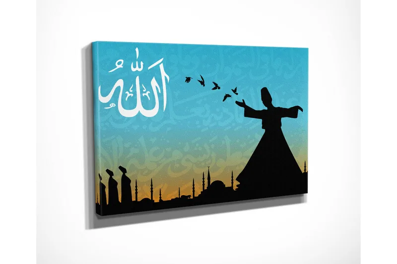 Liten lerretsbilde 40x30 cm - Silhuett av en dansende dervisj med fugler i flukt mot en fargerik himmel - Turkis / Svart / Oransje - Interiør - Maleri & posters - Lerretsbilder