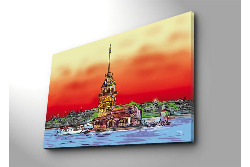 Stort lerretsbilde 100x70 cm - Fargerikt fyrtårn ved sjøen med en dramatisk solnedgang - Rød / Oransje / Blå - Interiør - Maleri & posters - Lerretsbilder